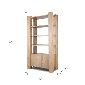 HomeRoots 42" Natural Solid Wood Four Tier Bookcase - Rustic Charm with Hidden Storage & Open Display Shelves 611041
