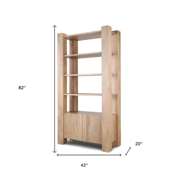 HomeRoots 42" Natural Solid Wood Four Tier Bookcase - Rustic Charm with Hidden Storage & Open Display Shelves 611041