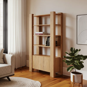 HomeRoots 42" Natural Solid Wood Four Tier Bookcase - Rustic Charm with Hidden Storage & Open Display Shelves 611041