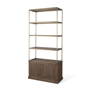 HomeRoots 42" Rustic Four-Tier Bookcase in Antiqued Brass & Distressed Brown Wood with Hidden Storage Doors 611043