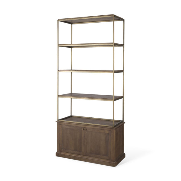 HomeRoots 42" Rustic Four-Tier Bookcase in Antiqued Brass & Distressed Brown Wood with Hidden Storage Doors 611043