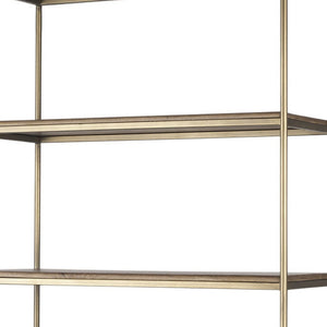 HomeRoots 42" Rustic Four-Tier Bookcase in Antiqued Brass & Distressed Brown Wood with Hidden Storage Doors 611043