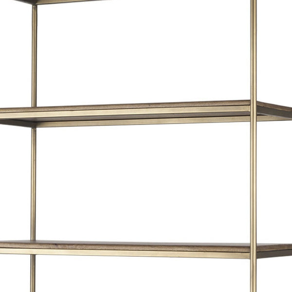 HomeRoots 42" Rustic Four-Tier Bookcase in Antiqued Brass & Distressed Brown Wood with Hidden Storage Doors 611043