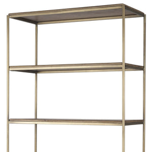 HomeRoots 42" Rustic Four-Tier Bookcase in Antiqued Brass & Distressed Brown Wood with Hidden Storage Doors 611043