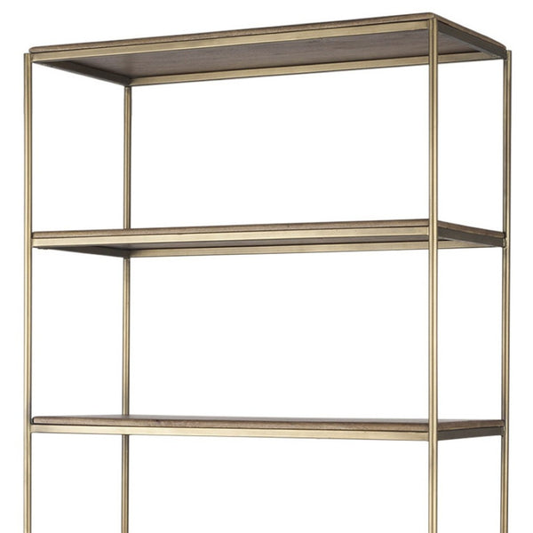 HomeRoots 42" Rustic Four-Tier Bookcase in Antiqued Brass & Distressed Brown Wood with Hidden Storage Doors 611043