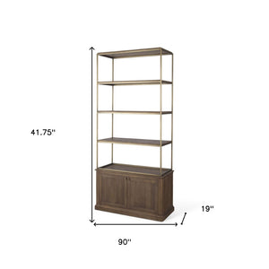HomeRoots 42" Rustic Four-Tier Bookcase in Antiqued Brass & Distressed Brown Wood with Hidden Storage Doors 611043