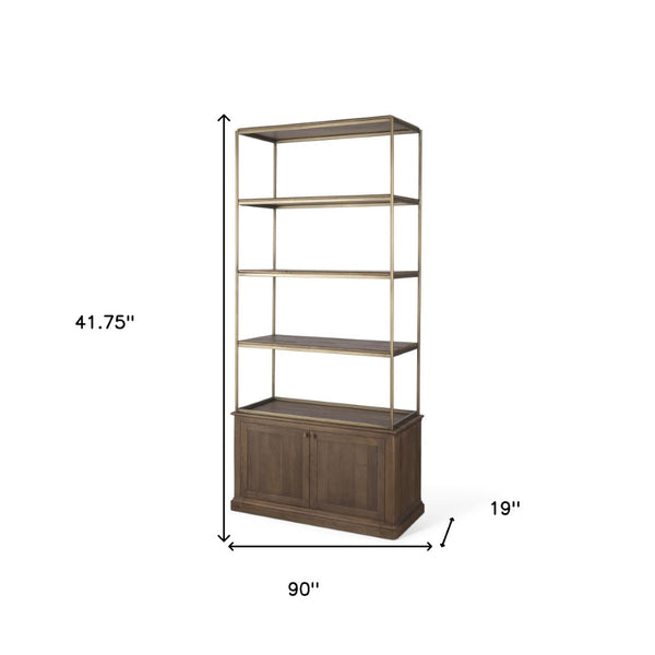 HomeRoots 42" Rustic Four-Tier Bookcase in Antiqued Brass & Distressed Brown Wood with Hidden Storage Doors 611043