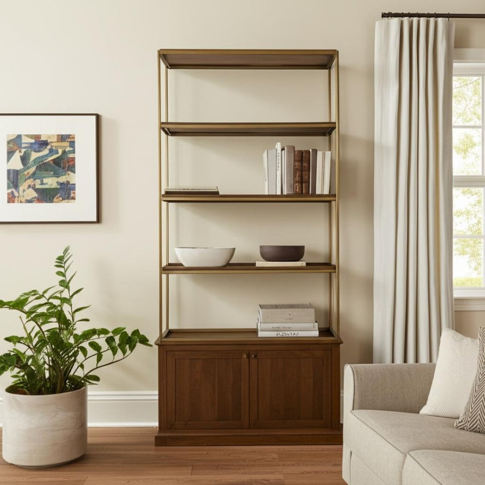 HomeRoots 42" Rustic Four-Tier Bookcase in Antiqued Brass & Distressed Brown Wood with Hidden Storage Doors 611043