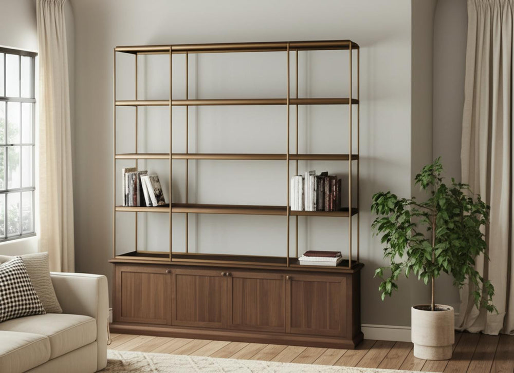 Homeroots 82" Antiqued Brass Four-tier Bookcase - Distressed Metal & Solid Wood, Stylish Storage Solution!   611044