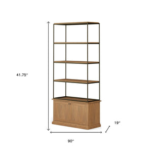 HomeRoots 42" Vintage Rustic Four-Tier Bookcase with Antiqued Brass Accents & Concealed Storage for Any Space 611045
