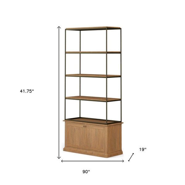 HomeRoots 42" Vintage Rustic Four-Tier Bookcase with Antiqued Brass Accents & Concealed Storage for Any Space 611045
