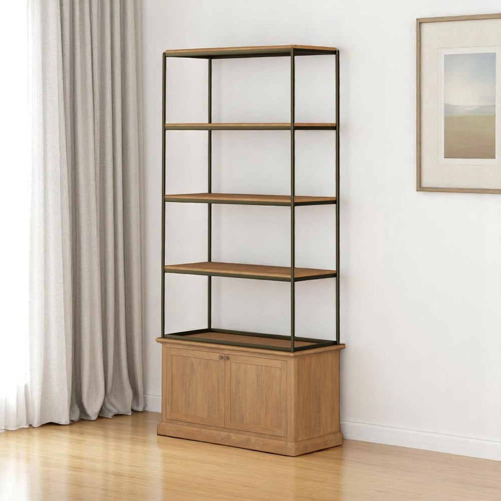 HomeRoots 42" Vintage Rustic Four-Tier Bookcase with Antiqued Brass Accents & Concealed Storage for Any Space 611045