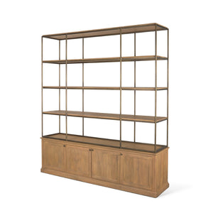 HomeRoots 82" Rustic Three-Tier Bookcase in Antiqued Brass with Solid Wood & Metal, 4 Doors for Stylish Storage 611046