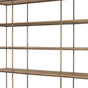 Homeroots 82" Rustic Three Tier Bookcase In Antiqued Brass & Light Brown Metal With Distressed Wood Doors   611046