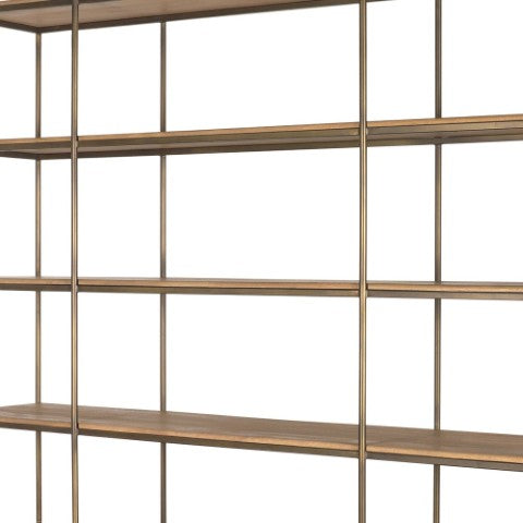 Homeroots 82" Rustic Three Tier Bookcase In Antiqued Brass & Light Brown Metal With Distressed Wood Doors   611046