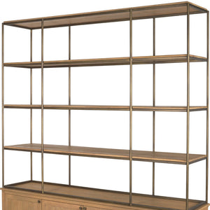 Homeroots 82" Rustic Three Tier Bookcase In Antiqued Brass & Light Brown Metal With Distressed Wood Doors   611046