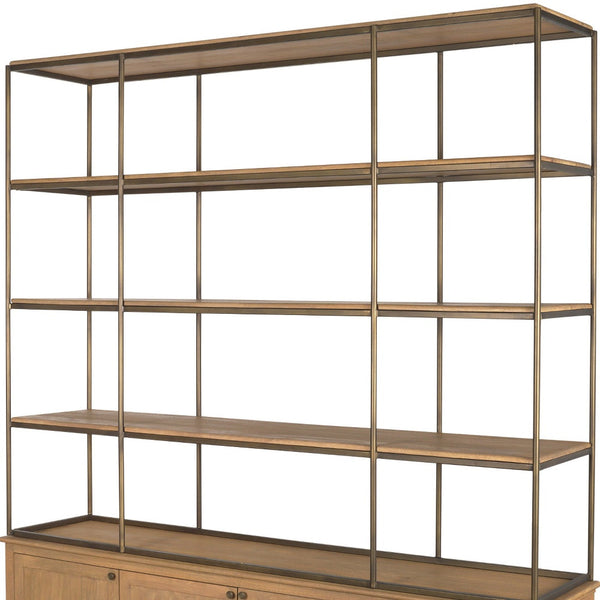 Homeroots 82" Rustic Three Tier Bookcase In Antiqued Brass & Light Brown Metal With Distressed Wood Doors   611046