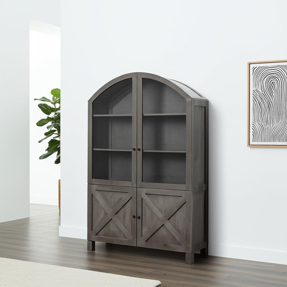 HomeRoots 73" Gray Solid Wood China Cabinet - Elegant Farmhouse Design with Display & Hidden Storage Solutions 611049