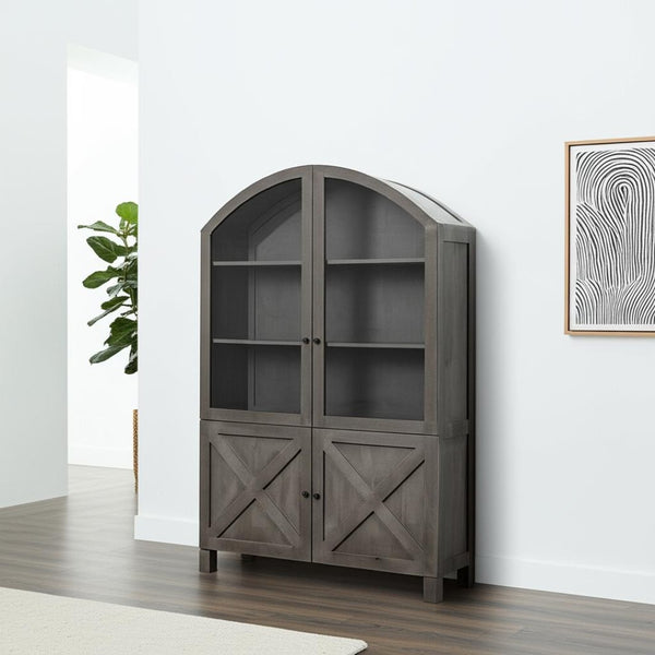HomeRoots 73" Gray Solid Wood China Cabinet - Elegant Farmhouse Design with Display & Hidden Storage Solutions 611049