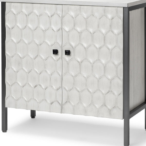 HomeRoots 32" Stylish White and Gray Wood and Metal Geometric Accent Cabinet for Modern Rustic Spaces 611056