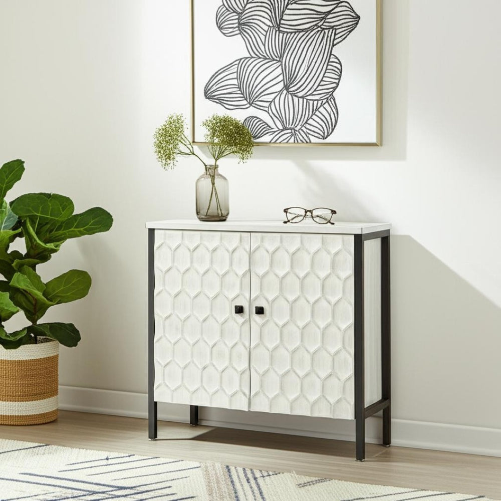 HomeRoots 32" Stylish White and Gray Wood and Metal Geometric Accent Cabinet for Modern Rustic Spaces 611056