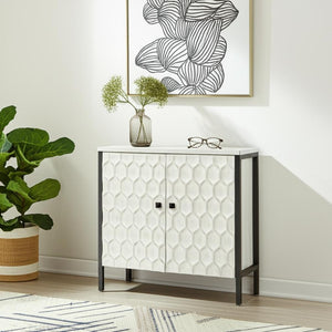 HomeRoots 32" Stylish White and Gray Wood and Metal Geometric Accent Cabinet for Modern Rustic Spaces 611056