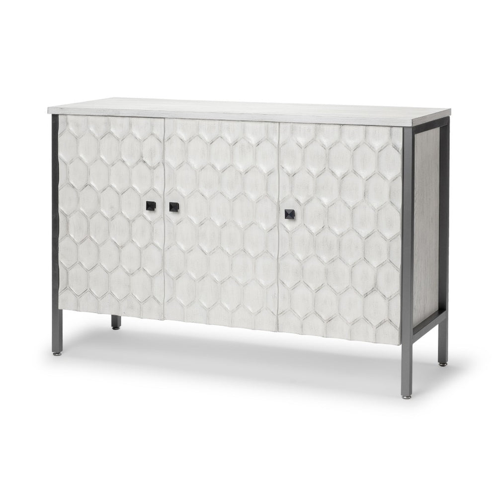 HomeRoots 47" White and Gray Geometric Accent Cabinet - Three Doors, Rustic-Modern Style, Ready to Use! 611057