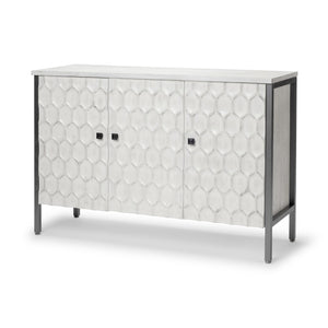 HomeRoots 47" White and Gray Geometric Accent Cabinet - Three Doors, Rustic-Modern Style, Ready to Use! 611057