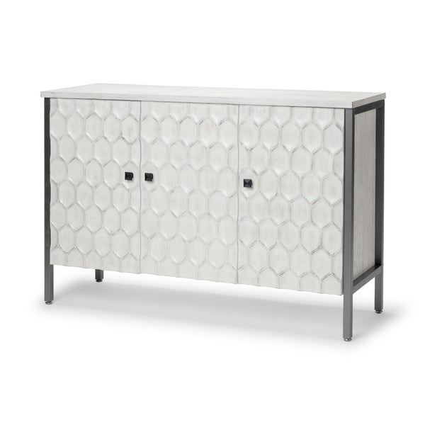 HomeRoots 47" White and Gray Geometric Accent Cabinet - Three Doors, Rustic-Modern Style, Ready to Use! 611057