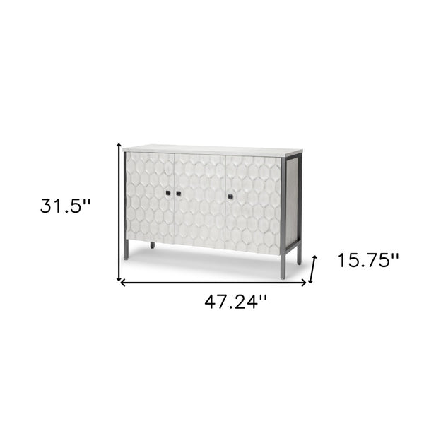 HomeRoots 47" White and Gray Geometric Accent Cabinet - Three Doors, Rustic-Modern Style, Ready to Use! 611057