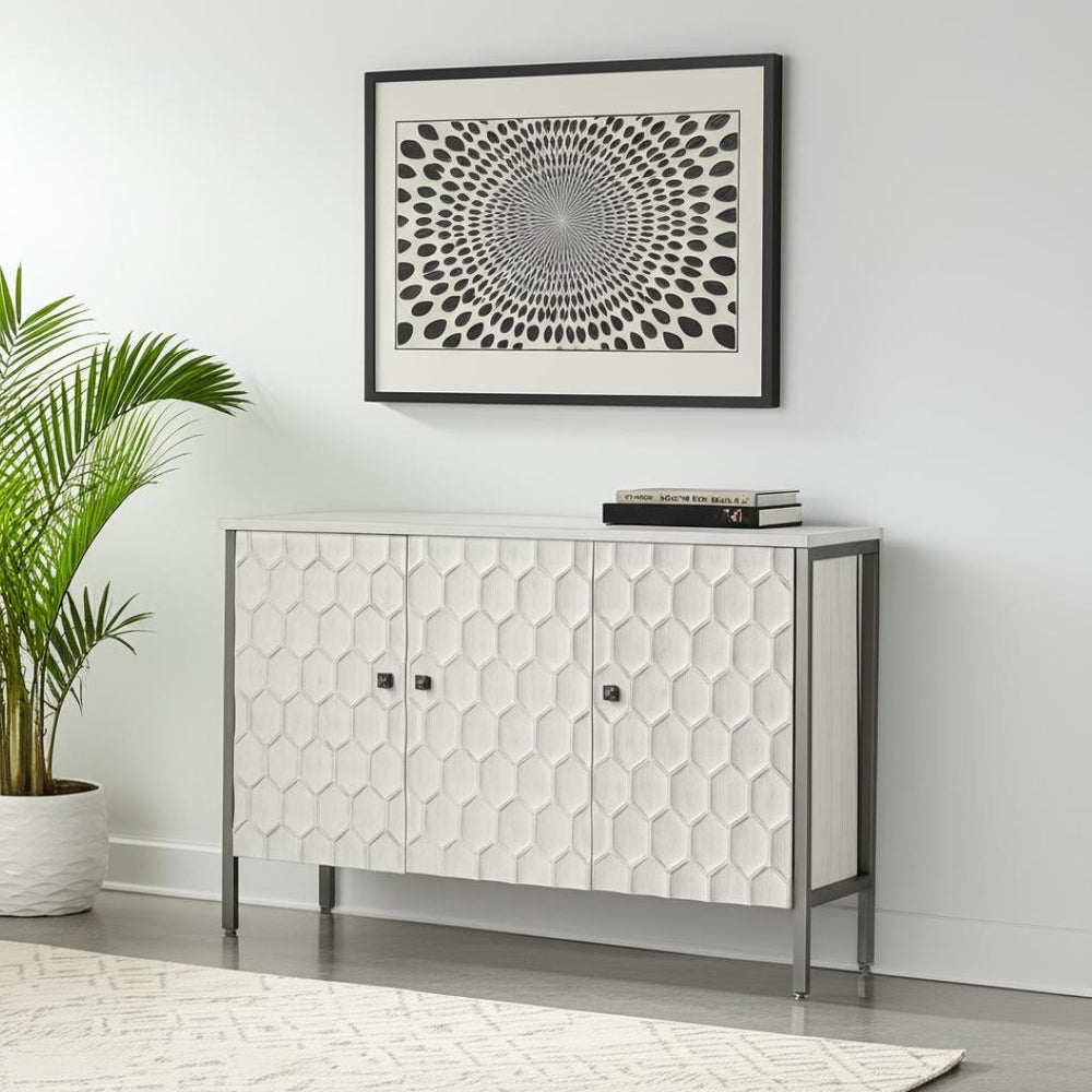 HomeRoots 47" White and Gray Geometric Accent Cabinet - Three Doors, Rustic-Modern Style, Ready to Use! 611057