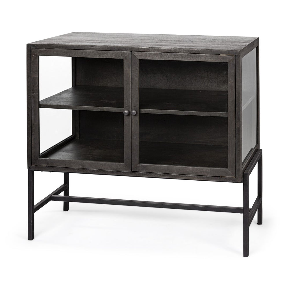 HomeRoots 36" Rustic Brown and Black Solid Wood & Metal Display Cabinet with Glass Doors for Stylish Storage 611058