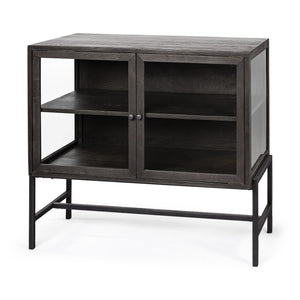 HomeRoots 36" Rustic Brown and Black Solid Wood & Metal Display Cabinet with Glass Doors for Stylish Storage 611058