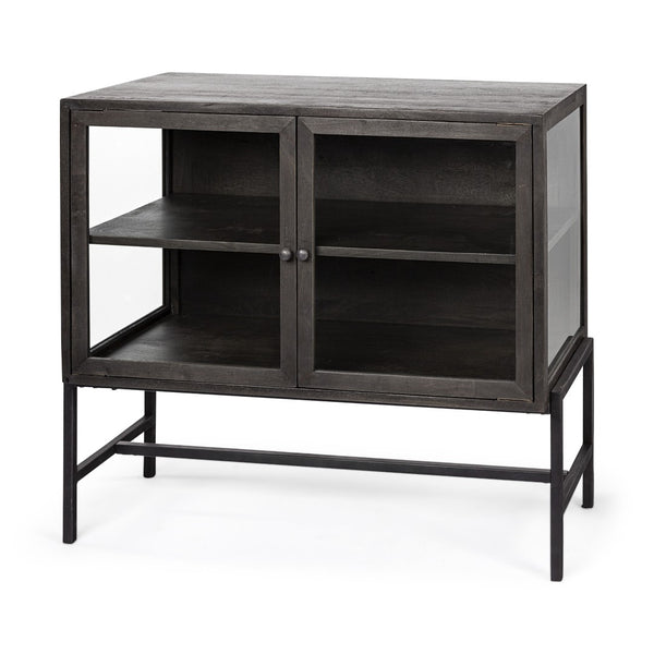 HomeRoots 36" Rustic Brown and Black Solid Wood & Metal Display Cabinet with Glass Doors for Stylish Storage 611058