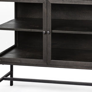 HomeRoots 36" Rustic Brown and Black Solid Wood & Metal Display Cabinet with Glass Doors for Stylish Storage 611058