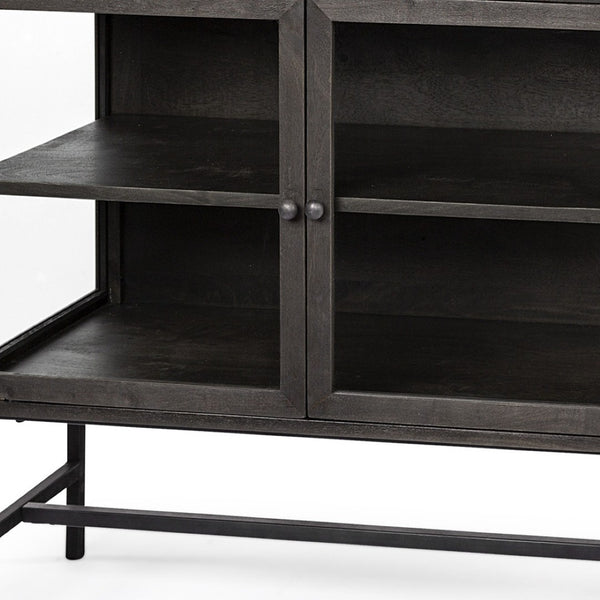 HomeRoots 36" Rustic Brown and Black Solid Wood & Metal Display Cabinet with Glass Doors for Stylish Storage 611058