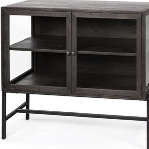 HomeRoots 36" Rustic Brown and Black Solid Wood & Metal Display Cabinet with Glass Doors for Stylish Storage 611058