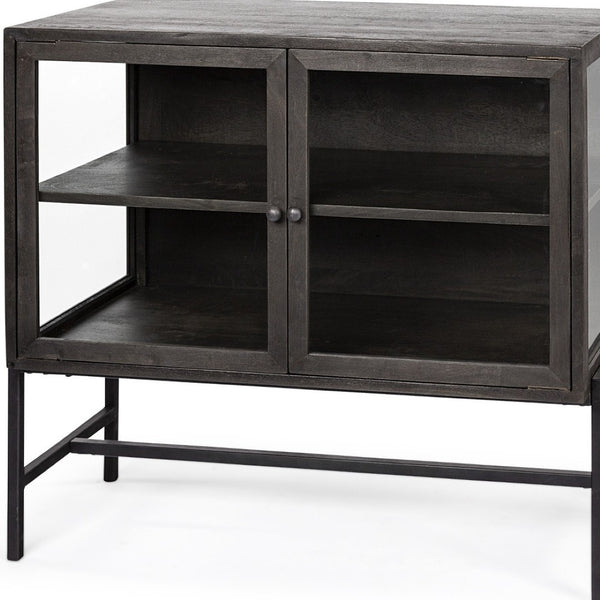 HomeRoots 36" Rustic Brown and Black Solid Wood & Metal Display Cabinet with Glass Doors for Stylish Storage 611058