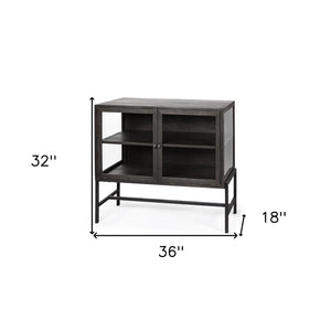 HomeRoots 36" Rustic Brown and Black Solid Wood & Metal Display Cabinet with Glass Doors for Stylish Storage 611058