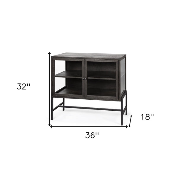 HomeRoots 36" Rustic Brown and Black Solid Wood & Metal Display Cabinet with Glass Doors for Stylish Storage 611058