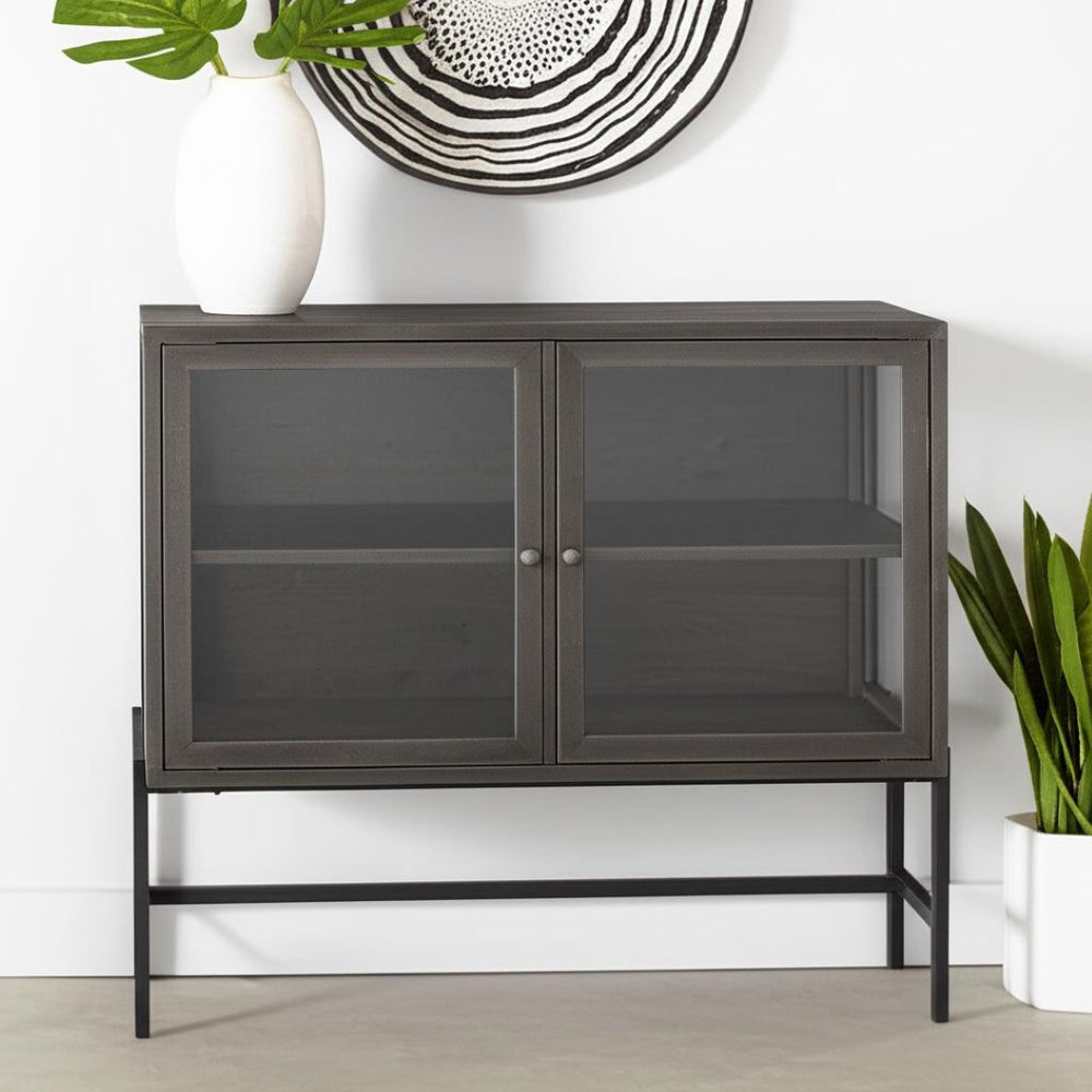 HomeRoots 36" Rustic Brown and Black Solid Wood & Metal Display Cabinet with Glass Doors for Stylish Storage 611058