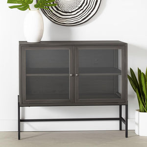 HomeRoots 36" Rustic Brown and Black Solid Wood & Metal Display Cabinet with Glass Doors for Stylish Storage 611058