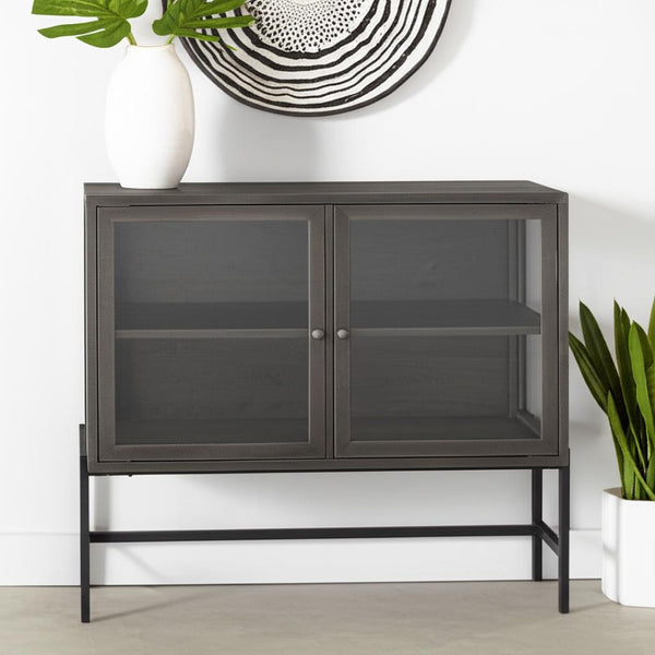 HomeRoots 36" Rustic Brown and Black Solid Wood & Metal Display Cabinet with Glass Doors for Stylish Storage 611058