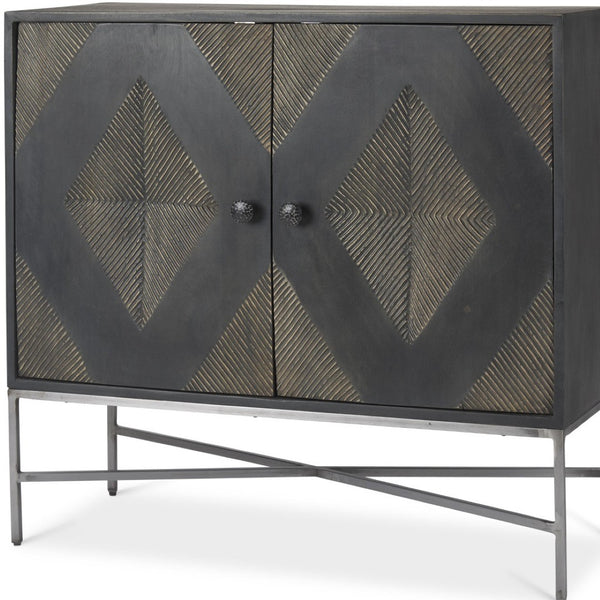 HomeRoots 36" Dark Brown & Silver Solid Wood Iron Geometric Accent Cabinet - Storage with Style & Charm 611059