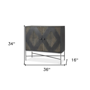 HomeRoots 36" Dark Brown & Silver Solid Wood Iron Geometric Accent Cabinet - Storage with Style & Charm 611059