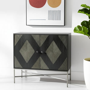 HomeRoots 36" Dark Brown & Silver Solid Wood Iron Geometric Accent Cabinet - Storage with Style & Charm 611059