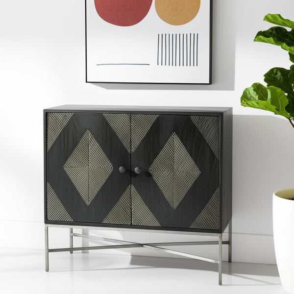 HomeRoots 36" Dark Brown & Silver Solid Wood Iron Geometric Accent Cabinet - Storage with Style & Charm 611059