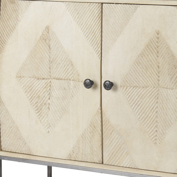 HomeRoots 36" Cream and Gray Geometric Accent Cabinet - Solid Wood & Iron, Stylish Storage for Any Room 611060