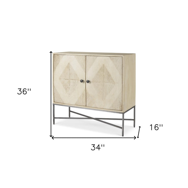 HomeRoots 36" Cream and Gray Geometric Accent Cabinet - Solid Wood & Iron, Stylish Storage for Any Room 611060