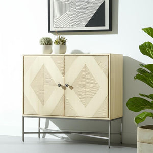 HomeRoots 36" Cream and Gray Geometric Accent Cabinet - Solid Wood & Iron, Stylish Storage for Any Room 611060